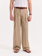 Beige Pinstriped Baggy Fit Trousers